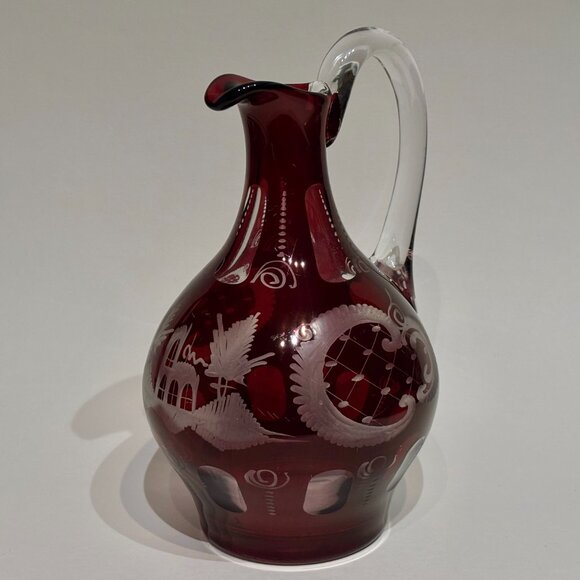 Egermann Bohemian Ruby Red Cut To Clear Etched Glass Cruet Czech Republic 8” - Picture 6 of 12